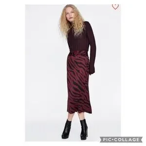 Zara Burgundy Satin Animal Print Midi Pencil Skirt Size Small
